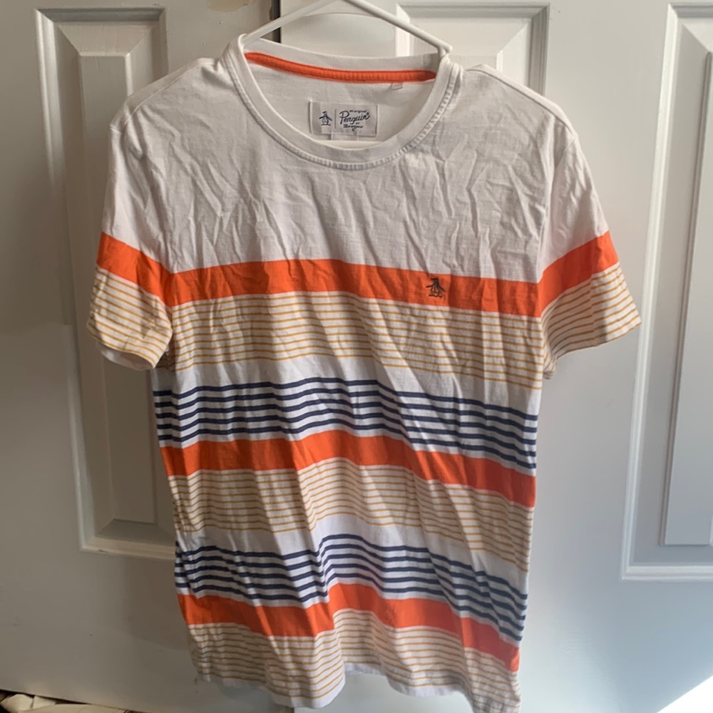 Men's small used penguin casual t shirt. White with multi color stripes